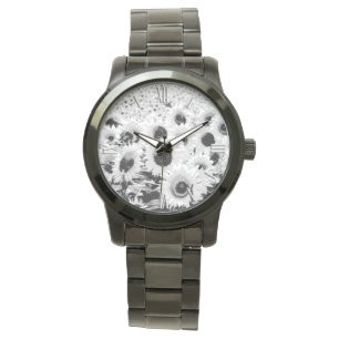 Zonnebloemen - zwart, wit en grijs horloge