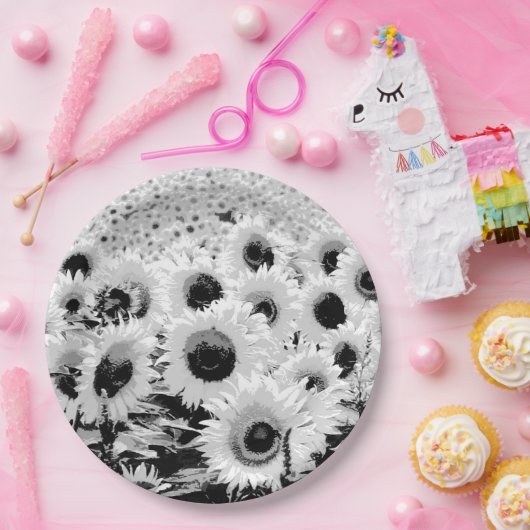 Zonnebloemen - zwart, wit en grijs papieren bordje (Feest)