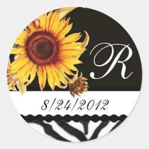 ZONNEBLOEMEN ZWART WIT ZEBRA BONT MONOGRAM RONDE STICKER