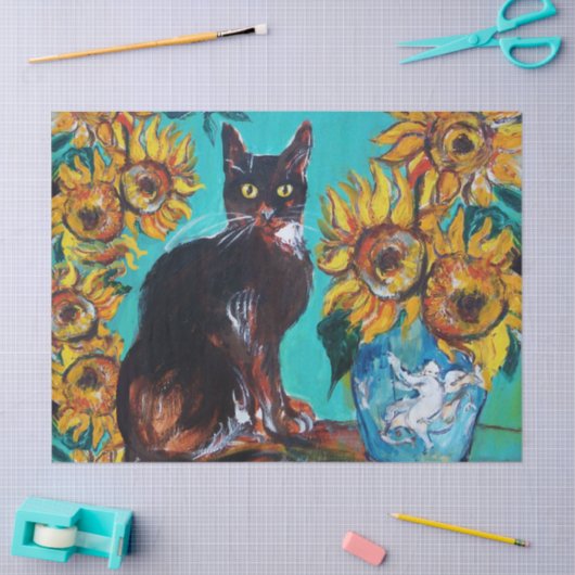 Zonnebloemen, ZWARTE KAT IN BLAUWE TURQUOÏE Tissuepapier (Craft)