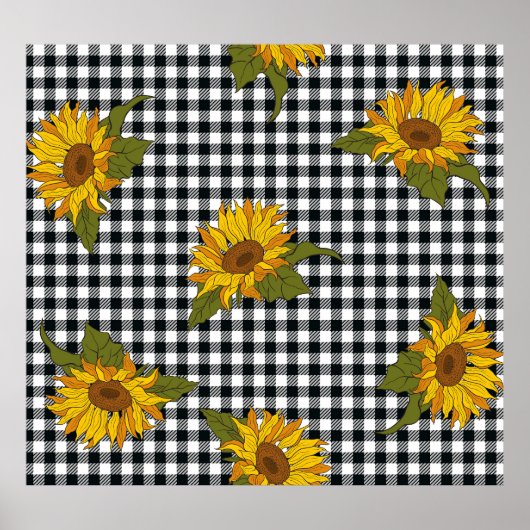 Zonnebloemen, zwarte witte buffel check, bloemenkl poster (Voorkant)