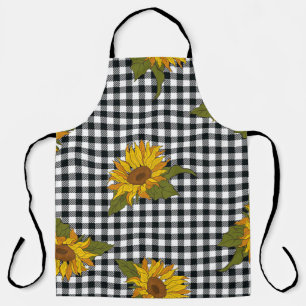 Zonnebloemen, zwarte witte buffel check, bloemenkl schort