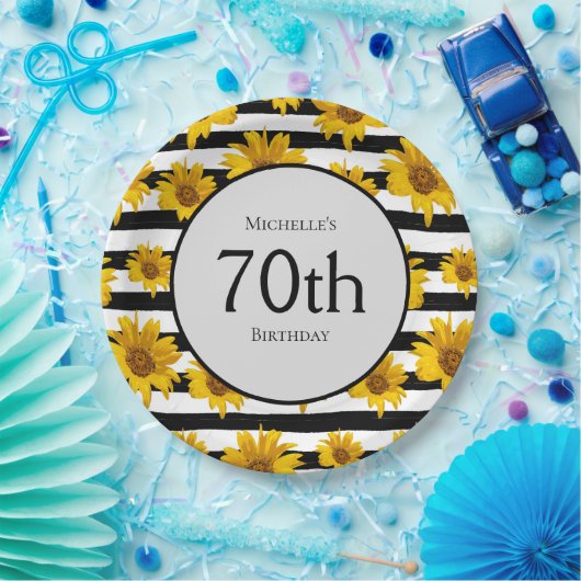 Zonnebloemen Zwarte Witte Stripes 70e verjaardag Papieren Bordje (Feest)