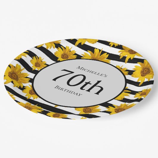 Zonnebloemen Zwarte Witte Stripes 70e verjaardag Papieren Bordje (Gekanteld)