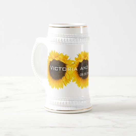 Zonnebloemenbruid en bruidegom bruiloft Stein Bierpul (Voorkant links)