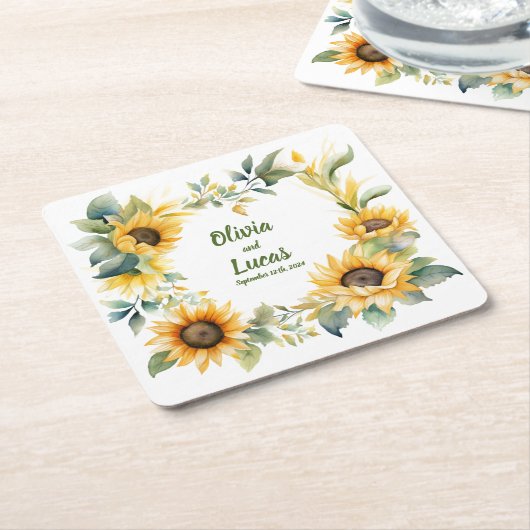 Zonnebloemenhart: gepersonaliseerd bruiloft Onderz Kartonnen Onderzetters (Schuin)