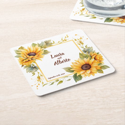 Zonnebloemenliefde: gepersonaliseerde bruiloft Ond Kartonnen Onderzetters (Schuin)