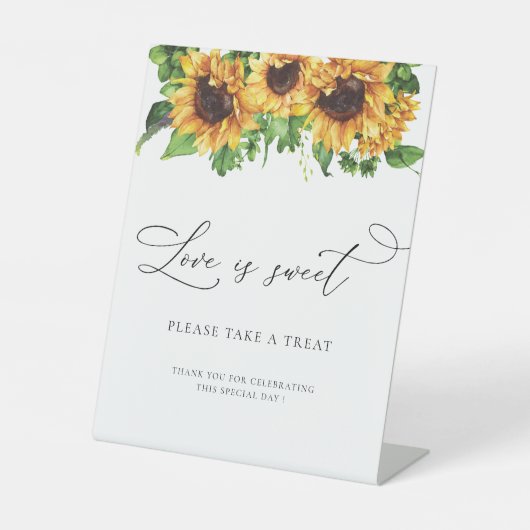 Zonnebloemenliefde is zoet teken reclamebord met voetstuk (Voorkant)