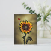 Zonnebloemenliefde | Waterverf Zonnebloem en Hart Briefkaart (Staand voorkant)