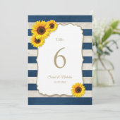 Zonnebloemenstrepen Navy Blue Trouwtafel Nummers Kaart (Staand voorkant)