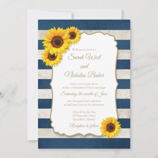 Zonnebloemenstrepen rustieke marineblauwe bruiloft kaart (Voorkant)