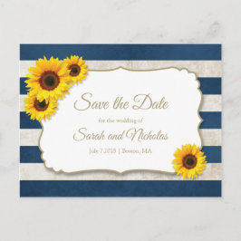 Zonnebloemenstrepen Save the Date, Navy Blue Bruil Aankondigingskaart