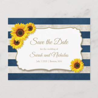 Zonnebloemenstrepen Save the Date, Navy Blue Bruil Aankondigingskaart