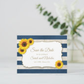 Zonnebloemenstrepen Save the Date, Navy Blue Bruil Aankondigingskaart (Staand voorkant)