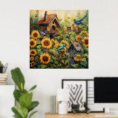 Zonnebloementuin 10 vogelhuisjes Blauwe vogels Poster (Thuiskantoor)