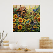 Zonnebloementuin 10 vogelhuisjes Blauwe vogels Poster (Keuken)