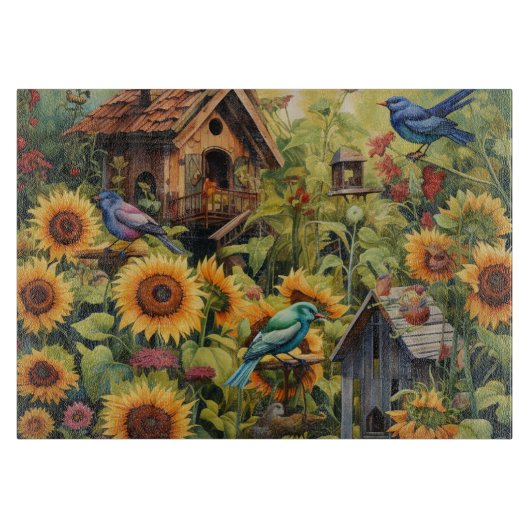 Zonnebloementuin 10 vogelhuisjes Blauwe vogels Snijplank (Voorkant)