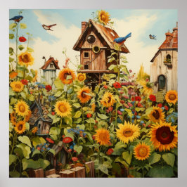 Zonnebloementuin 11 Vogelhuisjes Blauwe Vogels Poster