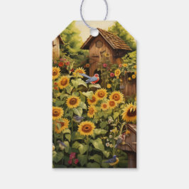 Zonnebloementuin 12 vogelhuisjes Blauwe vogels Cadeaulabel