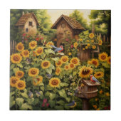 Zonnebloementuin 12 vogelhuisjes Blauwe vogels Tegeltje (Voorkant)