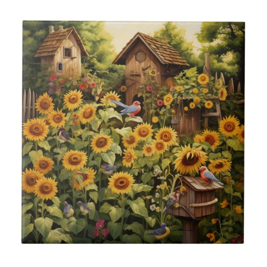 Zonnebloementuin 12 vogelhuisjes Blauwe vogels Tegeltje (Voorkant)