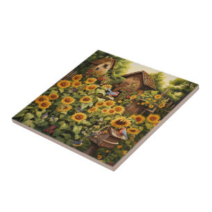 Zonnebloementuin 12 vogelhuisjes Blauwe vogels Tegeltje