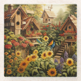 Zonnebloementuin 13 Vogelhuisjes Blauwe Vogels Glazen Onderzetter
