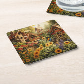 Zonnebloementuin 13 Vogelhuisjes Blauwe Vogels Kartonnen Onderzetters (Schuin)