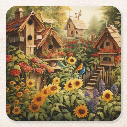Zonnebloementuin 13 Vogelhuisjes Blauwe Vogels Kartonnen Onderzetters (Voorkant)