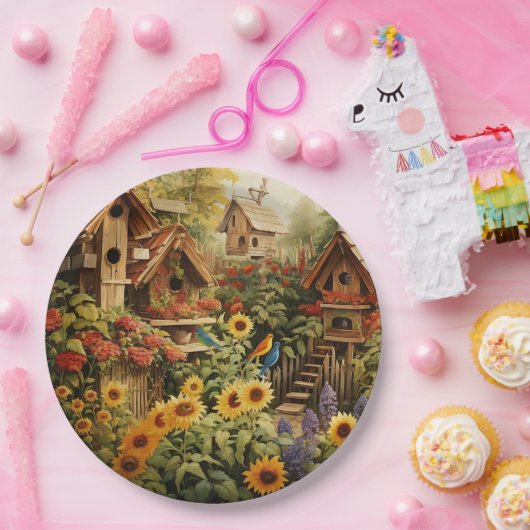 Zonnebloementuin 13 Vogelhuisjes Blauwe Vogels Papieren Bordje (Feest)