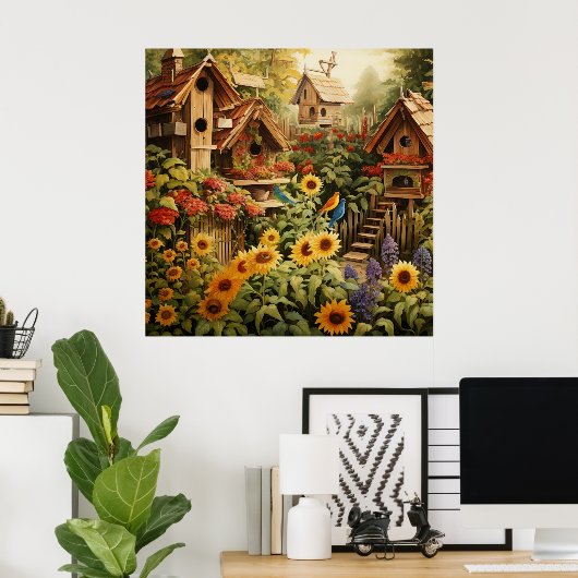 Zonnebloementuin 13 Vogelhuisjes Blauwe Vogels Poster (Thuiskantoor)