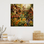 Zonnebloementuin 13 Vogelhuisjes Blauwe Vogels Poster (Keuken)