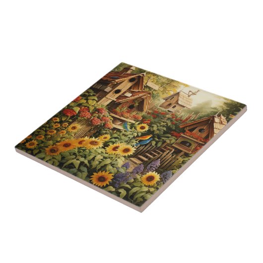 Zonnebloementuin 13 Vogelhuisjes Blauwe Vogels Tegeltje (Zijkant)