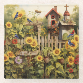 Zonnebloementuin 14 vogelhuisjes Blauwe vogels Glazen Onderzetter