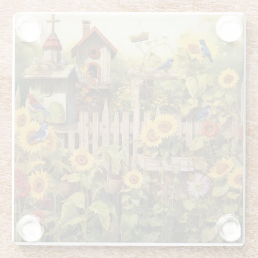 Zonnebloementuin 14 vogelhuisjes Blauwe vogels Glazen Onderzetter (Achterkant)