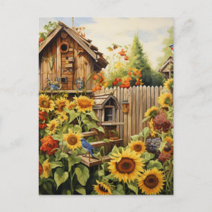 Zonnebloementuin 2 vogelhuisjes Blauwe vogels Briefkaart