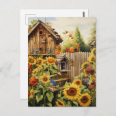 Zonnebloementuin 2 vogelhuisjes Blauwe vogels Briefkaart (Voorkant / Achterkant)