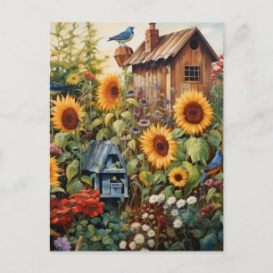Zonnebloementuin 3 Vogelhuisjes Blauwe Vogels Briefkaart