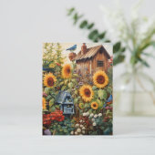 Zonnebloementuin 3 Vogelhuisjes Blauwe Vogels Briefkaart (Staand voorkant)