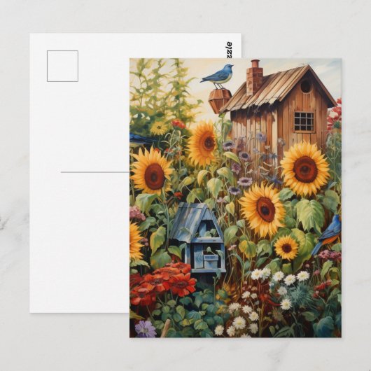 Zonnebloementuin 3 Vogelhuisjes Blauwe Vogels Briefkaart (Voorkant / Achterkant)