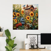Zonnebloementuin 3 Vogelhuisjes Blauwe Vogels Poster (Thuiskantoor)