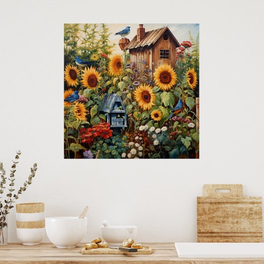 Zonnebloementuin 3 Vogelhuisjes Blauwe Vogels Poster (Keuken)