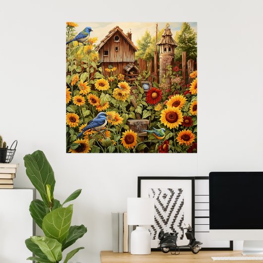 Zonnebloementuin 4 vogelhuisjes Blauwe vogels Poster (Thuiskantoor)