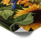 Zonnebloementuin 4 vogelhuisjes Blauwe vogels Poster (Hoek)