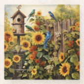 Zonnebloementuin 5 Vogelhuisjes Blauwe Vogels Glazen Onderzetter (Voorkant)