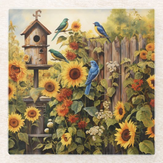 Zonnebloementuin 5 Vogelhuisjes Blauwe Vogels Glazen Onderzetter (Voorkant)