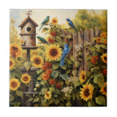 Zonnebloementuin 5 Vogelhuisjes Blauwe Vogels Tegeltje (Voorkant)