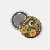 Zonnebloementuin 6 Vogelhuisjes Blauwe Vogels Magneet (Voorkant / Achterkant)