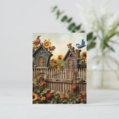 Zonnebloementuin 7 Vogelhuisjes Blauwe Vogels Briefkaart (Staand voorkant)