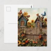 Zonnebloementuin 7 Vogelhuisjes Blauwe Vogels Briefkaart (Voorkant / Achterkant)